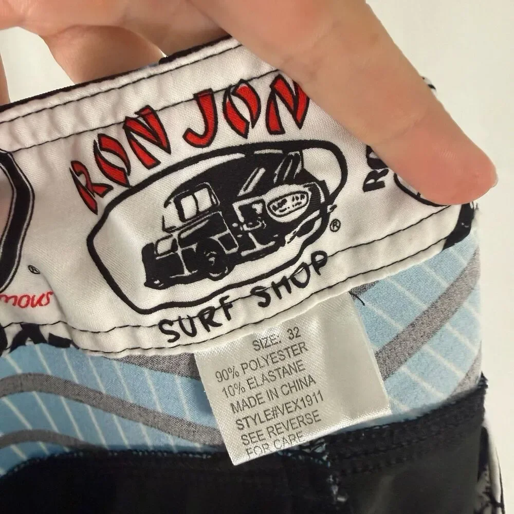 Ron Jon Surf Shop Swim Trunks Men's 32 Blue Black Striped Drawstring 9